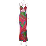 Women'S Spring Summer Fashion Print Slim Cutout Low Back Halter Lace-Up Long Dress