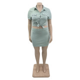 Plus Size Women'S Solid Button Cargo Double Pocket Short Sleeve Shirt Skirt Women'S Fashion Casual Two Piece Set