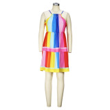 Rainbow Stripe Fashion Straps Casual Dress Color Block Patchwork Sexy Dress For Women