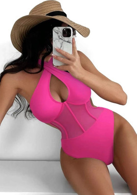 Sexy One-Piece Mesh Stitching Swimsuit Halter Solid Swimwear