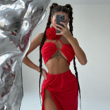 Spring And Summer Women'S Clothing Flower Decoration Tie Rope Wrapped Chest Top Sexy Slit Long Skirt Two Piece Set For Women