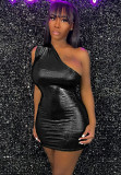 Women Fashion Style Slash Shoulder Shiny High Stretch Nighclub Bodycon Dress