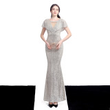 Women Short Sleeve Sequined Formal Party Elegant Mermaid Skirt Maxi Evening Dress