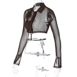 Women Spring Mesh Solid Button Long Sleeve Turndown Collar Crop Top