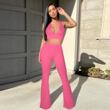 Women Casual V-Neck Crop Top And Wide-Leg Pants Two-Piece Set