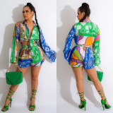 Summer Women printed long-sleeved top and shorts two-piece set
