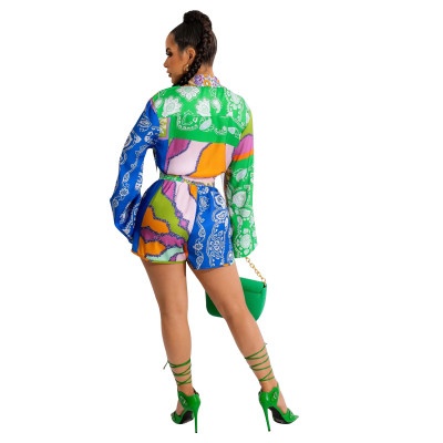 Summer Women printed long-sleeved top and shorts two-piece set