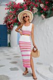 Summer Women square collar striped hollow Crop Tank Top and slit Skirt two-piece suit