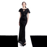 Women Short Sleeve Sequined Formal Party Elegant Mermaid Skirt Maxi Evening Dress