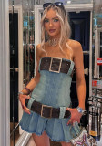 Strapless Pleated Belt Denim Dress Street Fashion Slim Skirt Women