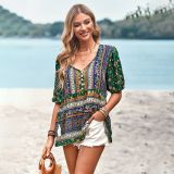 Printed shirt women's summer Chic Career V-neck top