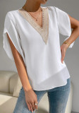 Spring Summer v-neck lace solid color top Chic short-sleeved chiffon shirt