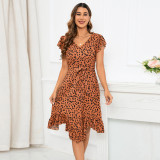 Fashion slim v-neck lotus leaf short-sleeved leopard print skirt irregular dress