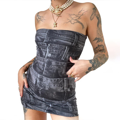 Women's Spring Fashion Print Style Slim Low Back Strapless Bodycon Dress