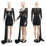 Sexy Bodycon Long Sleeve Patchwork Trailing Mesh Party Beaded Dress