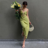 Sexy Drawstring Hollow Out Strap Dress Summer Fashion Slim Solid Color Casual Long Dress