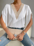 Spring Summer v-neck lace solid color top Chic short-sleeved chiffon shirt