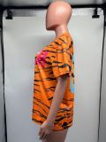 Tiger Print Short Sleeve Crop Slim Fashion Sexy Round Neck T-Shirt