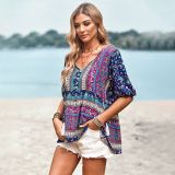 Printed shirt women's summer Chic Career V-neck top