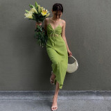 Sexy Drawstring Hollow Out Strap Dress Summer Fashion Slim Solid Color Casual Long Dress