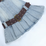 Strapless Pleated Belt Denim Dress Street Fashion Slim Skirt Women