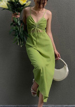 Sexy Drawstring Hollow Out Strap Dress Summer Fashion Slim Solid Color Casual Long Dress