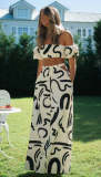 Fashion Print Women's 2-Piece Set Strapless Puff Sleeve Bolero Swing Skirt Set