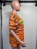 Tiger Print Short Sleeve Crop Slim Fashion Sexy Round Neck T-Shirt