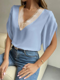 Spring Summer v-neck lace solid color top Chic short-sleeved chiffon shirt