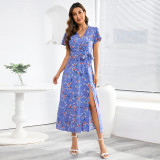 Sexy Bohemian V-Neck Floral Slit Skirt Summer Ladies Plus Size Chiffon Dress