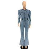 Casual Turndown Collar Button Up Long Sleeve Stretch Bell Bottom Wash Denim Jumpsuit