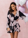 Spring Fashion Flower Print V-Neck Ruffle Long-Sleeved Dress