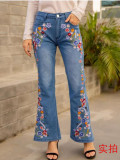 Women's Denim Pants Embroidered Slim Fit Washed Bell Bottom Pants Flare Jeans