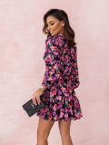 Spring Fashion Flower Print V-Neck Ruffle Long-Sleeved Dress