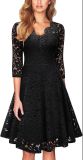 Chic Elegant Sexy V Neck Lace Three Quarter Sleeve A-Line Dress