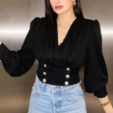 Women's V-Neck Sexy Long-Sleeved Short Slim Waist Puff Sleeve Solid Color Pleated Shirt