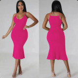 Summer Long Round Neck Knitting Straps Dress Sexy Ribbed Sleeveless Tight Fitting Bodycon Dress