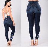Denim Pants Embroidered Stretch Pencil Pants High Waist Trousers Women Jeans