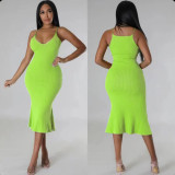 Summer Long Round Neck Knitting Straps Dress Sexy Ribbed Sleeveless Tight Fitting Bodycon Dress