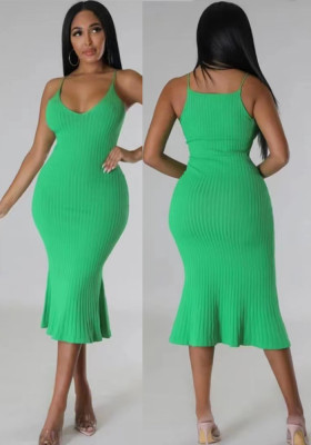 Summer Long Round Neck Knitting Straps Dress Sexy Ribbed Sleeveless Tight Fitting Bodycon Dress