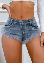 Low Rise Slim Fit Stretch Summer Short Jeans Women's Fur Trim Denim Shorts