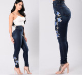 Denim Pants Embroidered Stretch Pencil Pants High Waist Trousers Women Jeans