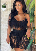 Sexy See-Through Knitting Crochet Fringe Straps Tank Top Short Two Piece Set