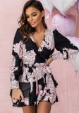 Spring Fashion Flower Print V-Neck Ruffle Long-Sleeved Dress