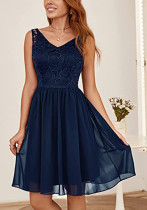 Lace Chiffon Dress French Chic Slim Fit V-Neck Sleeveless Bowknot A-Line Dress