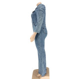 Casual Turndown Collar Button Up Long Sleeve Stretch Bell Bottom Wash Denim Jumpsuit