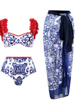 Three-Piece Swimsuit Blue And White Print High Waist Two Pieces Red Petal Bikini Swimwear With Cover Up Skirt