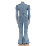 Casual Turndown Collar Button Up Long Sleeve Stretch Bell Bottom Wash Denim Jumpsuit