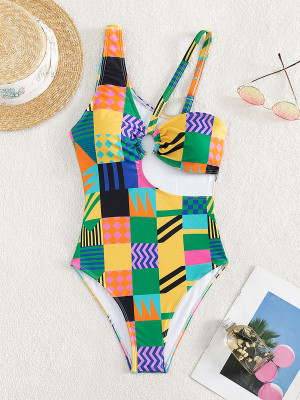 Women Beach Print Cut Out One Piece Swimwear