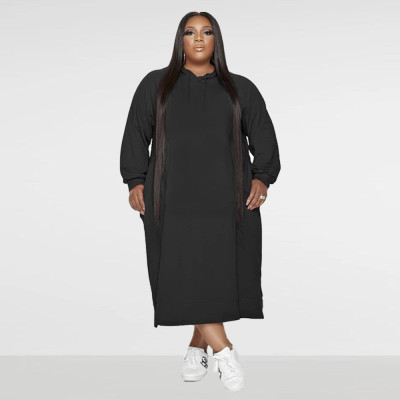 Plus Size Women Loose Solid Hooded Dress